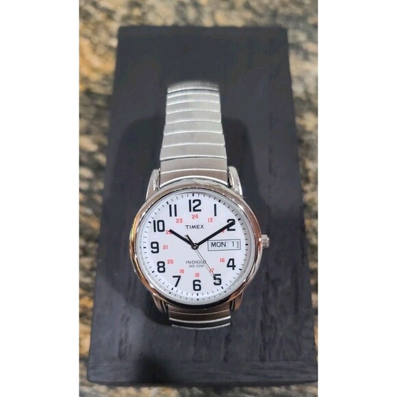 Timex Easy Reader Watch Men 35mm Silver Tone Day Date Stretch Need Battery - Picture 1 of 3